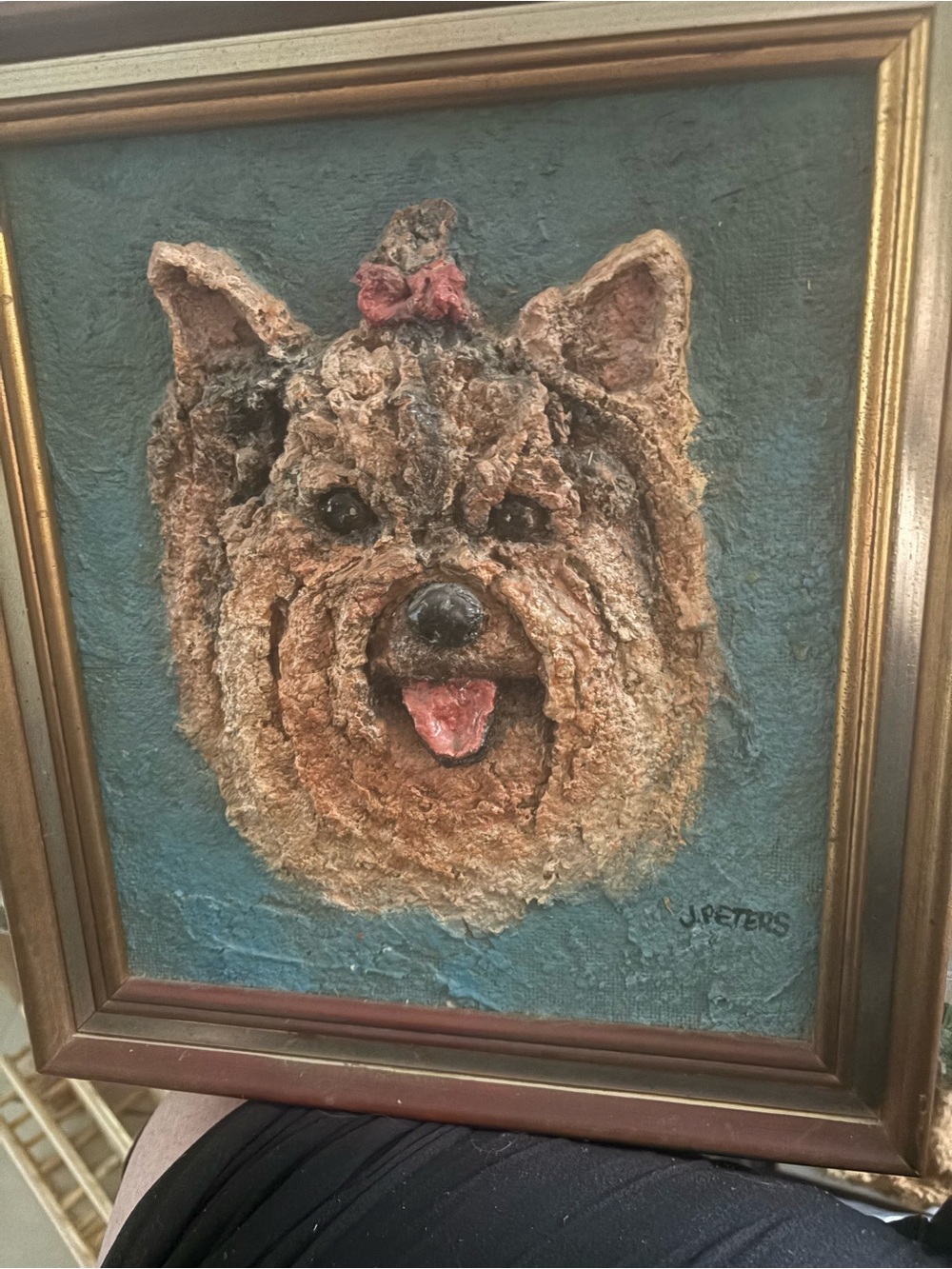 VINTAGE COLORFUL 2D FRAMED YORKIE DOG PAINTING BY J.PETERS. 12” X 14”